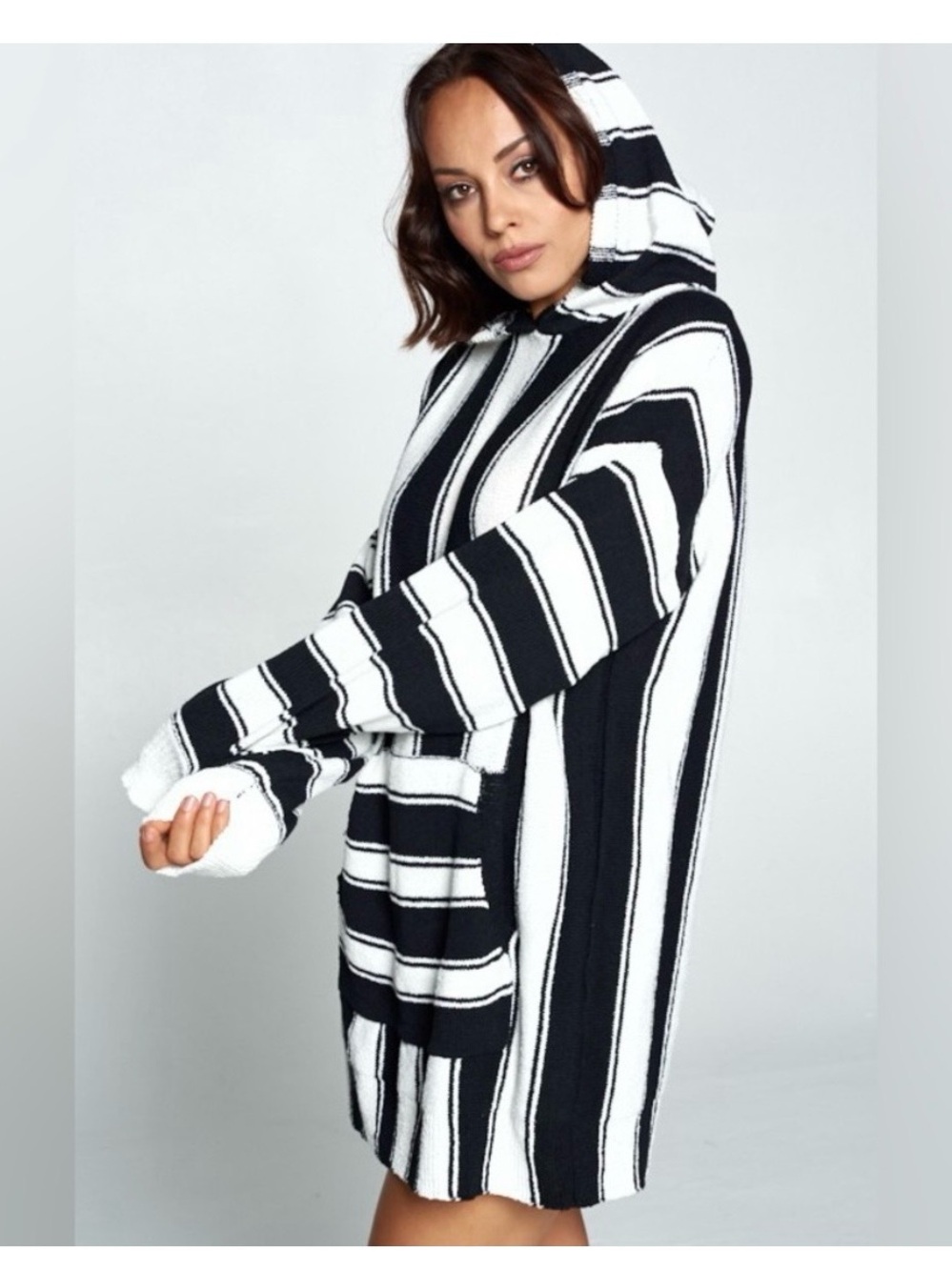 WinWin Black & White Striped Hooded Sweater Dress or Tunic